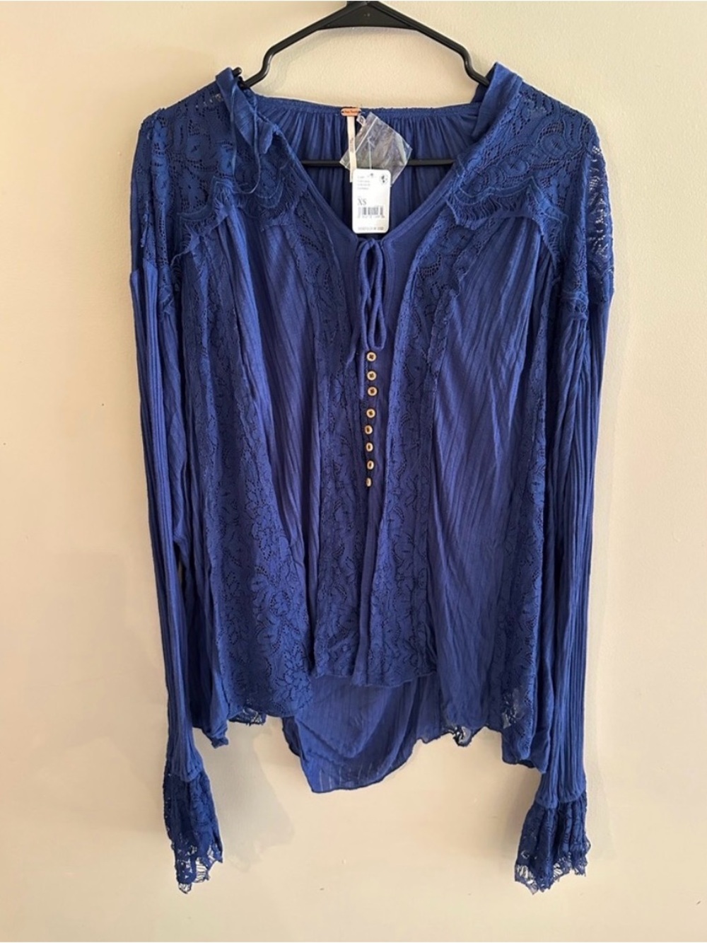 Free People Royal Blue Lace-Detail Long Sleeve Blouse